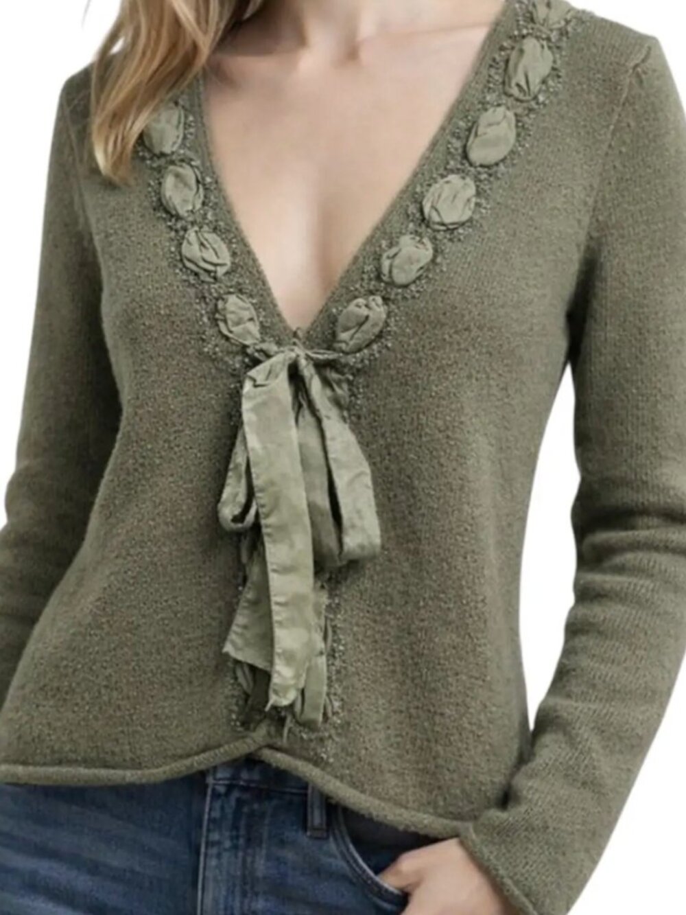 Anthropologie Sleeping on Snow NWT Wool Cardigan L Sage Rosette Tie Sweater